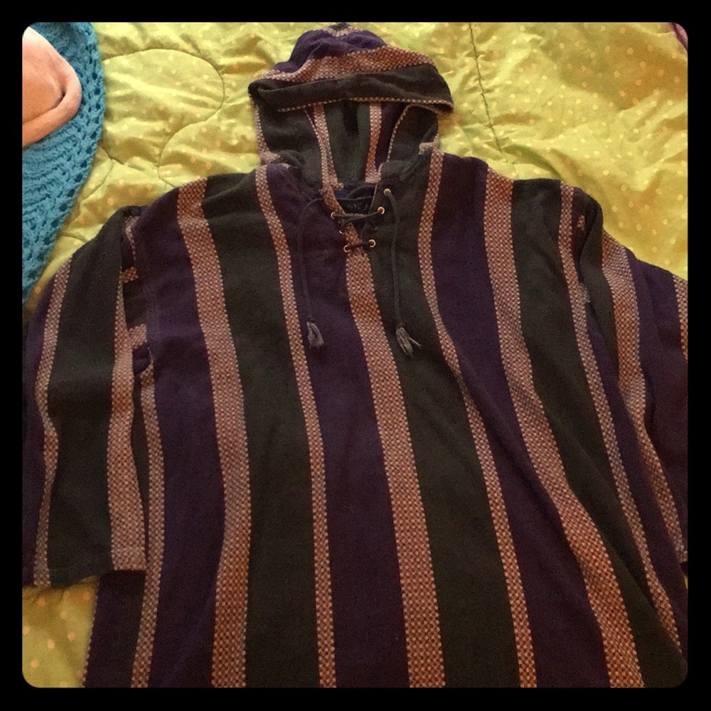 Vintage Hooded poncho purple and green striped